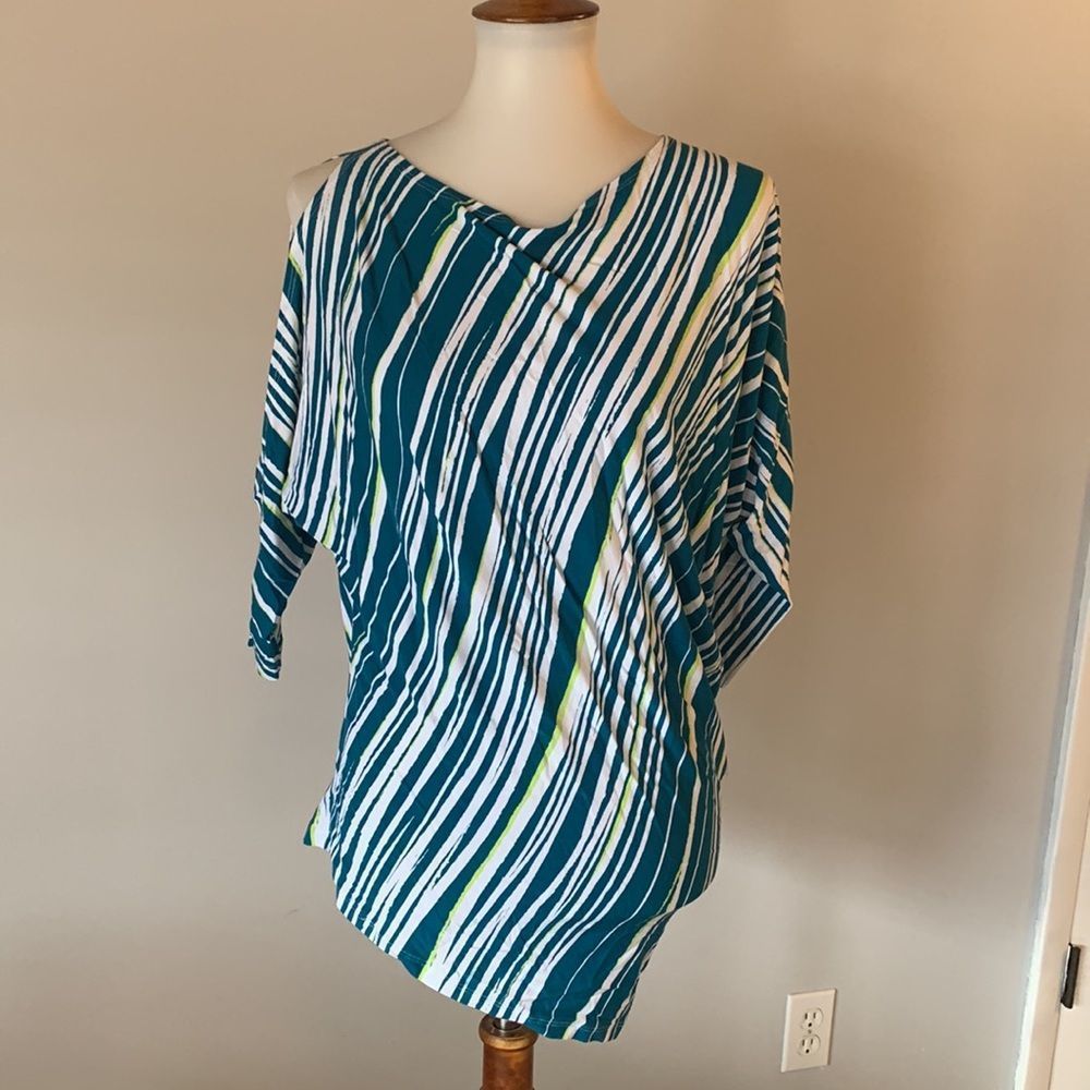 [Tart]Green/White Striped Asymmetrical Blouse - XS